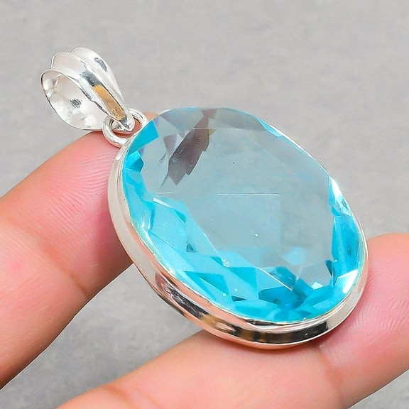 Swiss Blue Topaz Gemstone Pendant Handmade Wedding Gift Oval Shape Jewelry 1.90"
