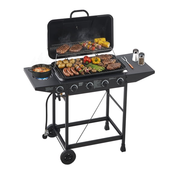 Gas Grill, 4 Burner Propane Gas Grill with Side Burner, 42,000 BTU Stainless Steel BBQ Grill, 534 Sq.In Cooking Area with Warming Rack, Outdoor Gas Grill for Patio Backyard