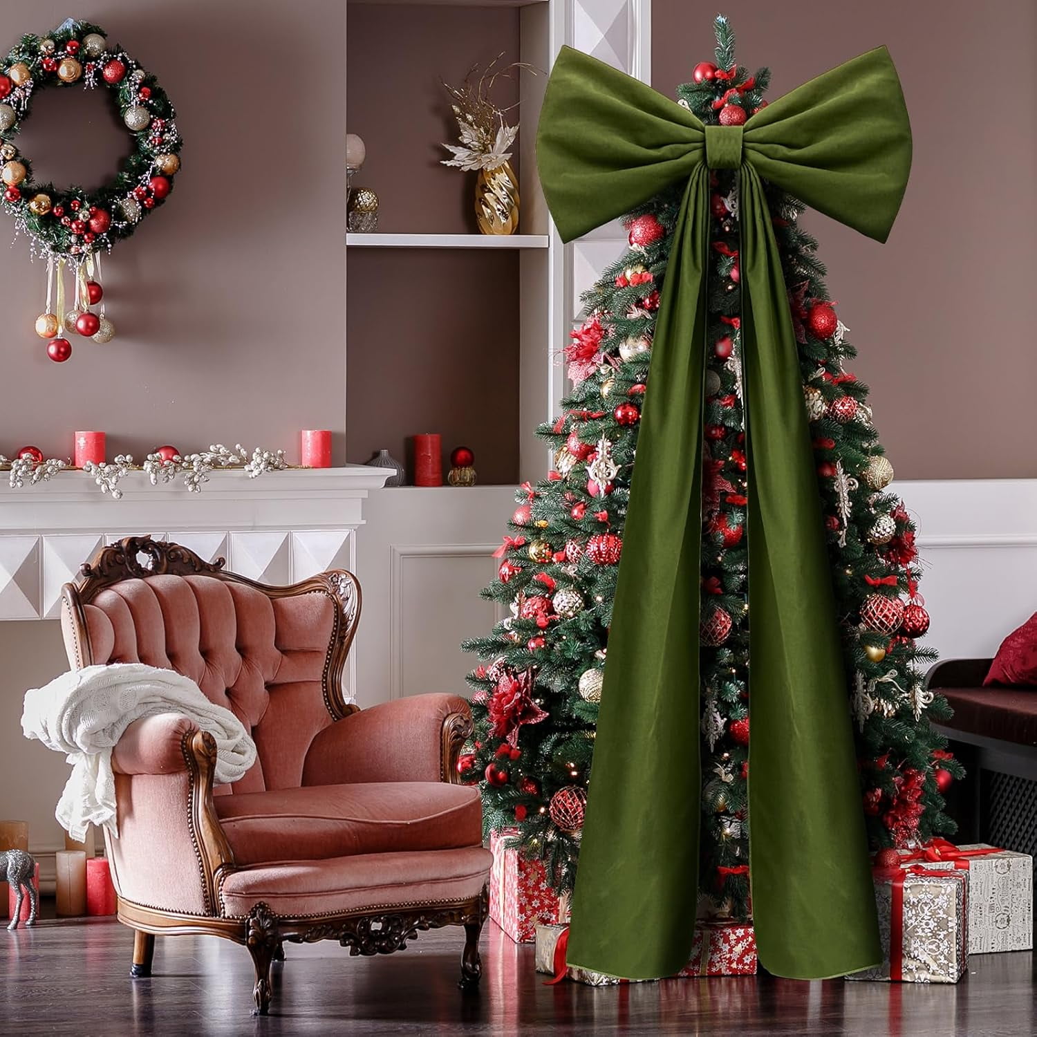 Guvpev 6FT Christmas Bows - Extra Large Moss Green Velvet Bows for Christmas Tree Decor, Giant Xmas Tree Toppers Bows for Home, Windows, Mantel, Birthday, Wedding, Valentine's Day Party Decorations