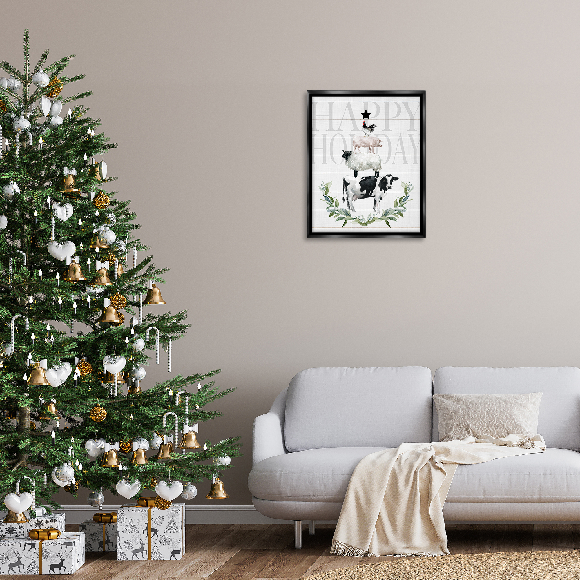 Stupell Industries Happy Holiday Farm Animals Holiday Painting Black Floater Framed Canvas Art Prints Wall Art, 25 x 31