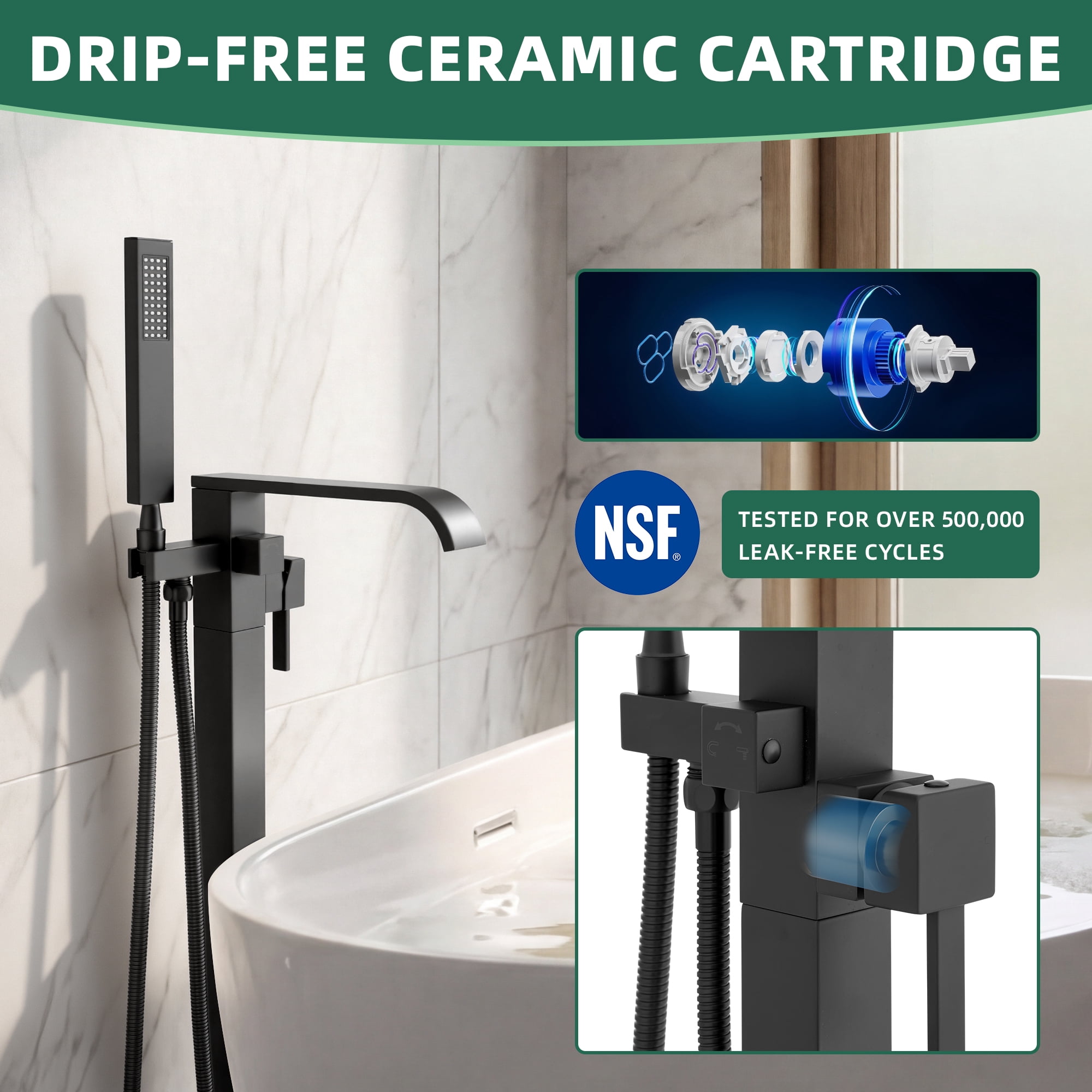 Free Standing Tub Faucet, High Flow Freestanding Bathtub Faucet with Waterfall Spout & Handheld Shower, 360°Swivel Tub Filler, Brass Body, Matte Black