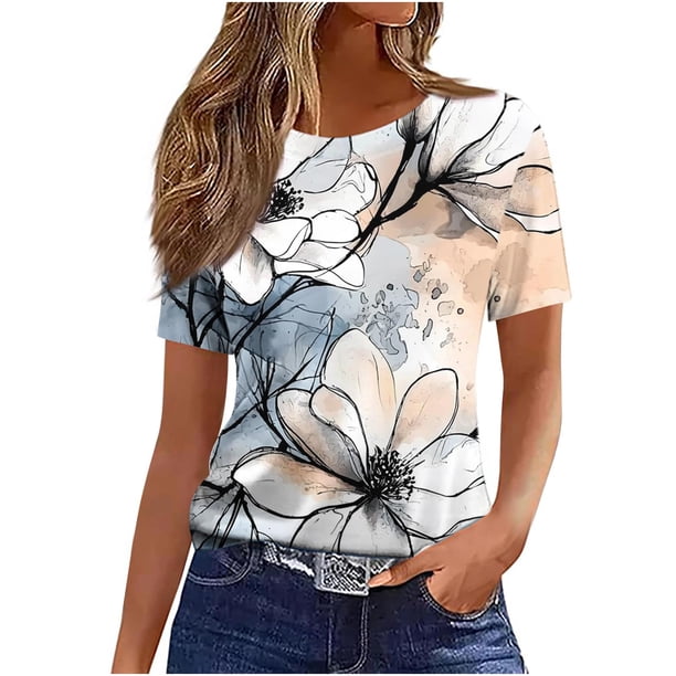 Camiseta de Manga Corta de Verano para Mujeres Delgada Moda Casual Impresa No Estructurada Cuello Redondo Mujer Manga Corta Tops Casual
