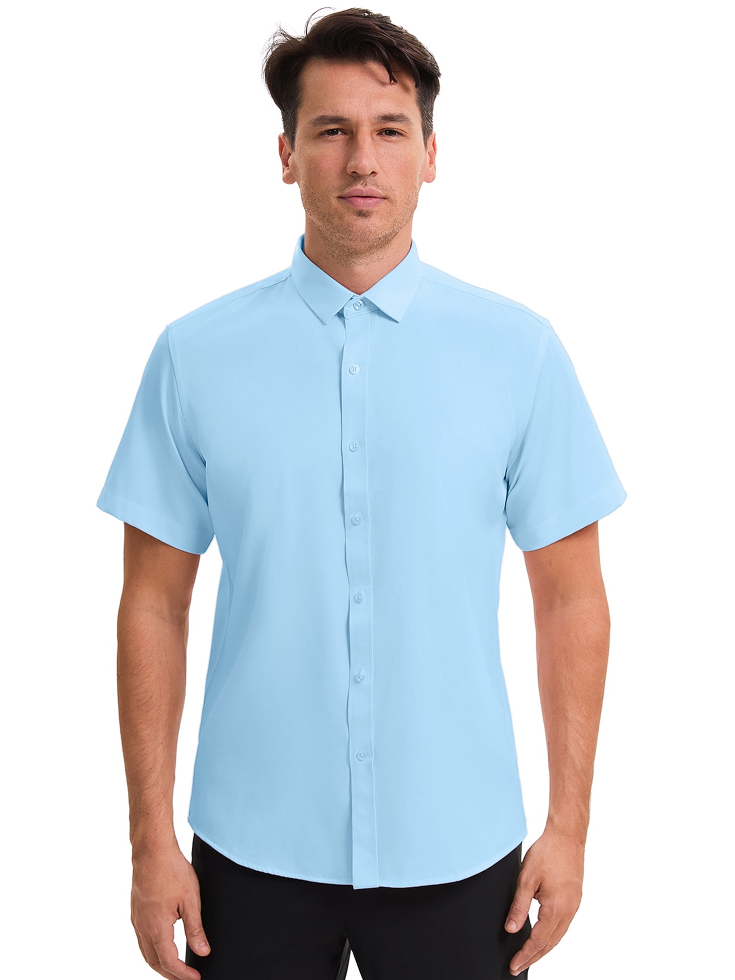 Unique Bargains Men's Short Sleeve Lightweight Business Formal Button Down Shirt L Blue