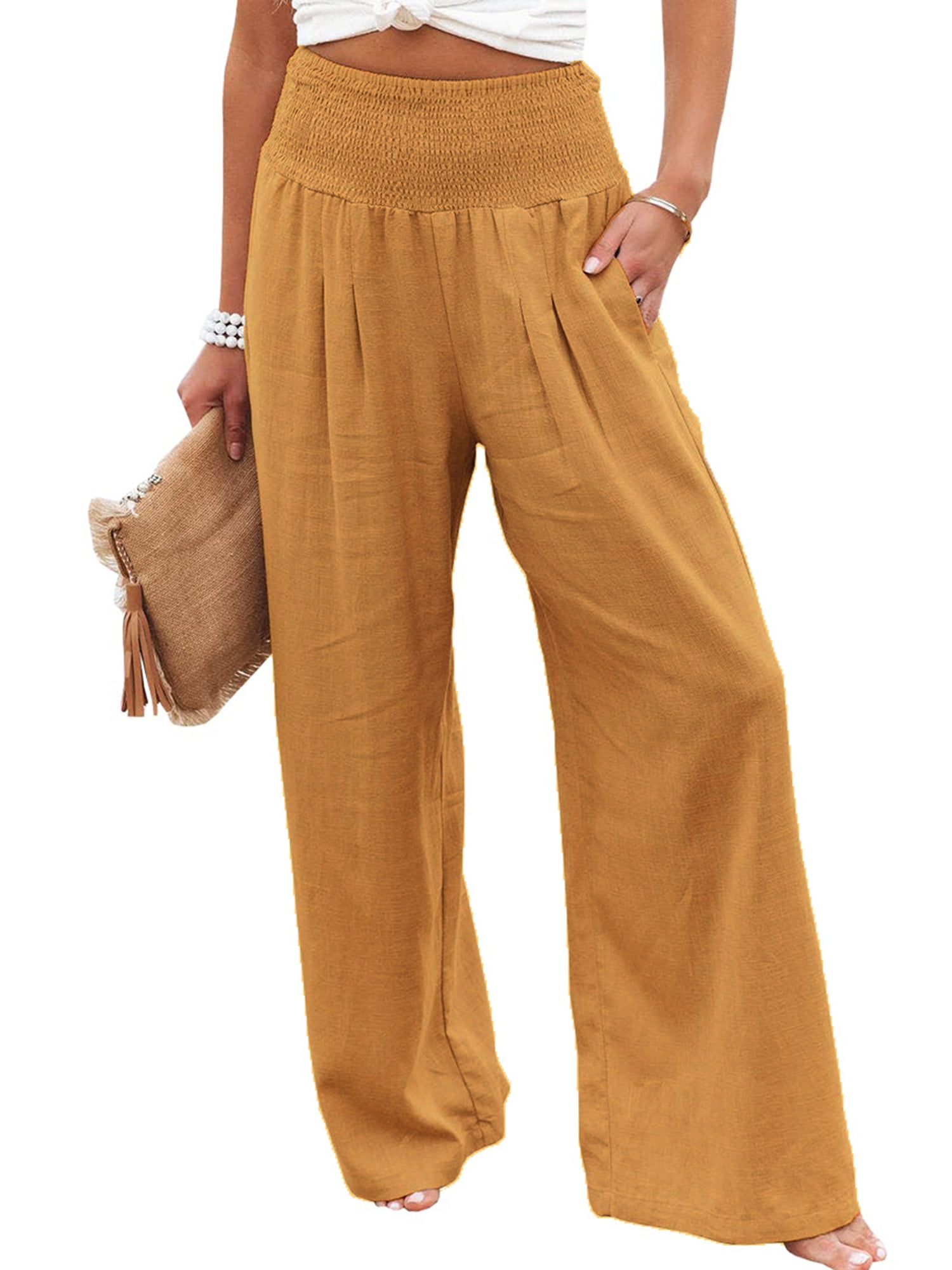 Linen Pants For Women Summer High Waist Wide Leg Harem Pant Palazzo Smocked Casual Flare Lounge Trouser 