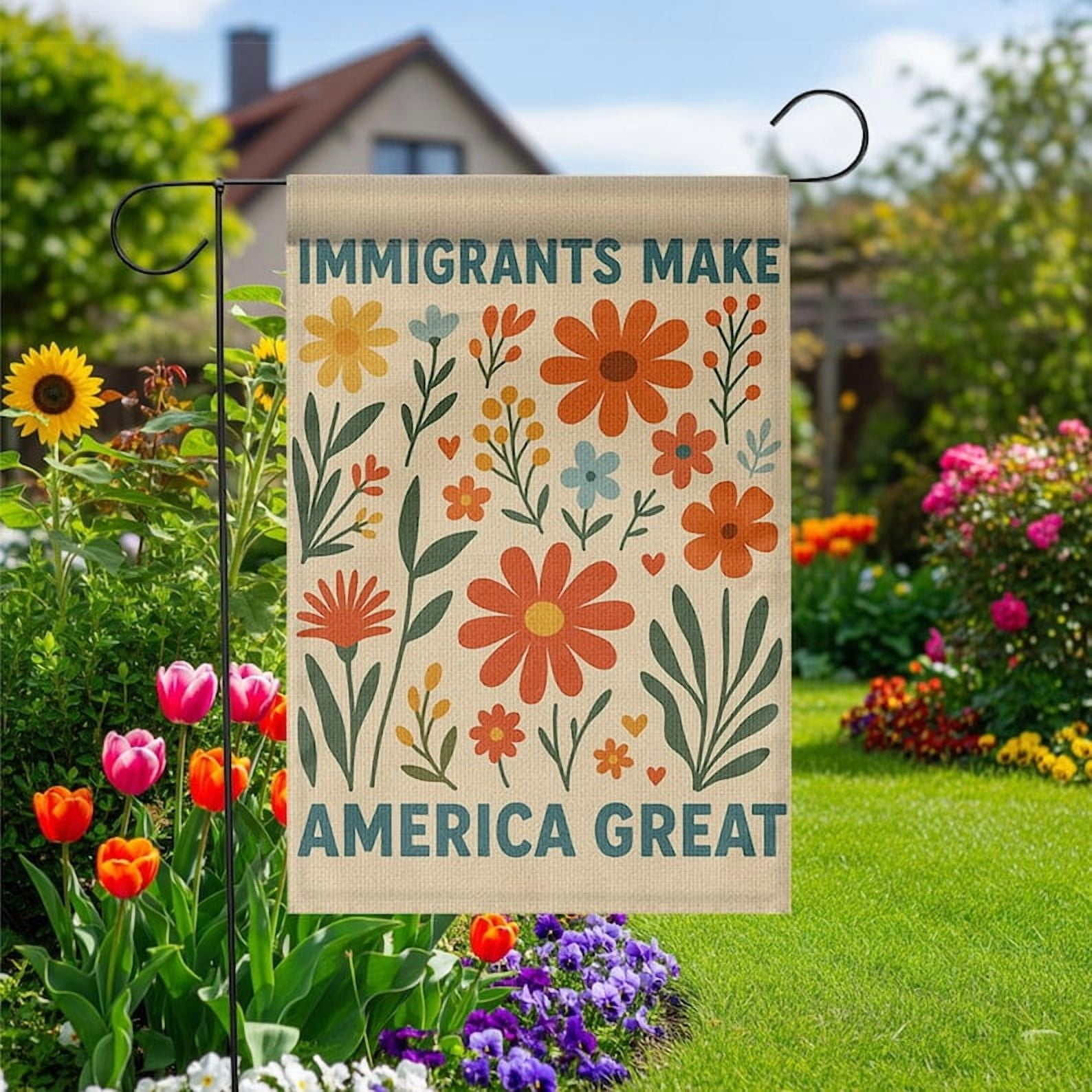 TiniDecor Immigrants Make America Great Garden Flag – 36”x60” Colorful Floral Yard Banner, Outdoor Decor