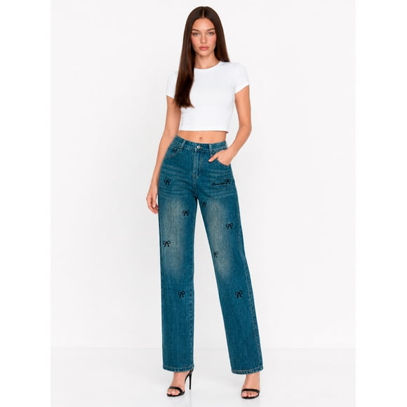 Pantalón Mezclilla Shendy Vendy Azul Egeo Straight-Leg Recto Ancho Tiro Alto Demin Mujer
