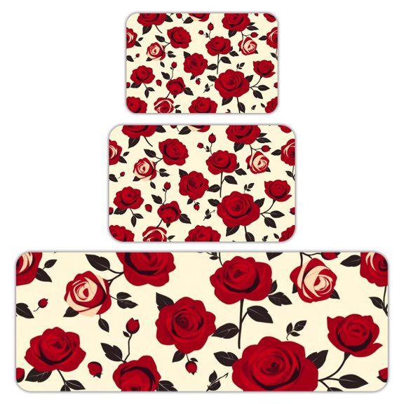 RKSupls Kitchen Rug Set 3 Piece Anti-Slip Flannel Floor Mats, Red Rose Pattern Washable Absorbent Runner Mats for Kitchen Bathroom Home Decor