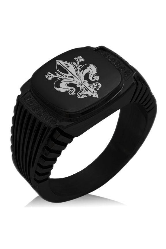 Stainless Steel Antiue Fleur De Lis CZ Ribbed Needle Stripe Pattern Biker Style Polished Ring