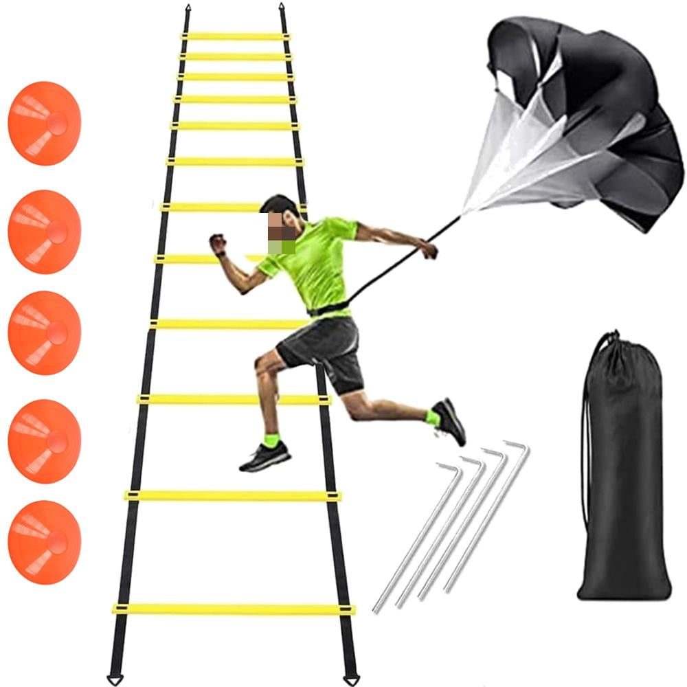 EOTVIA Agility Ladder, 20 Ft Speed Training Equipment Includes 12 Rungs, 1 Running Parachute, 5 Disc Cones, 4 Steel Stakes, 1 Carry Bag, Speed Agility Training Set For Football Basketball Hockey