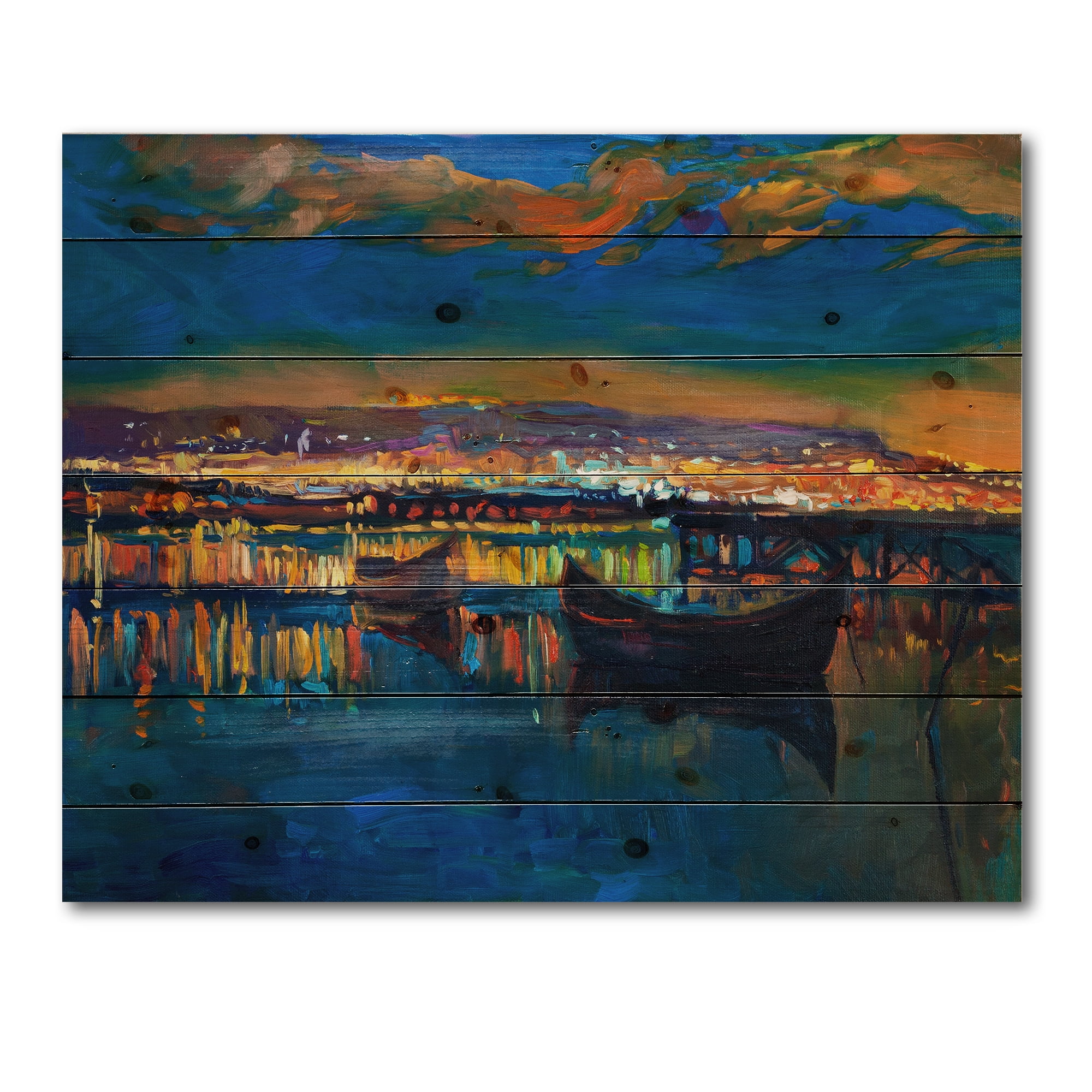 Designart 'Two Little Boats In The VIllage Harbor Ar Night' Nautical & Coastal Print on Natural Pine Wood
