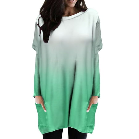 

koaiezne Women Casual Gradient Dress Round Neck Splice Long Sleeve Pocket Long Shirt Top Cotton Pajama Tops Women Lace Tee Shirts for Women