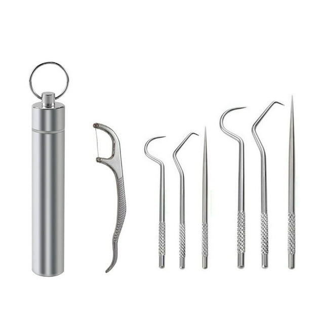 7Pcs/Set Toothpicks with Holder Portable Hanging Keychain Non-slip Handle Reusable Oral Care 304 Stainless Steel Tooth Scrapers Cleaning Dental Picks for Outdoor
