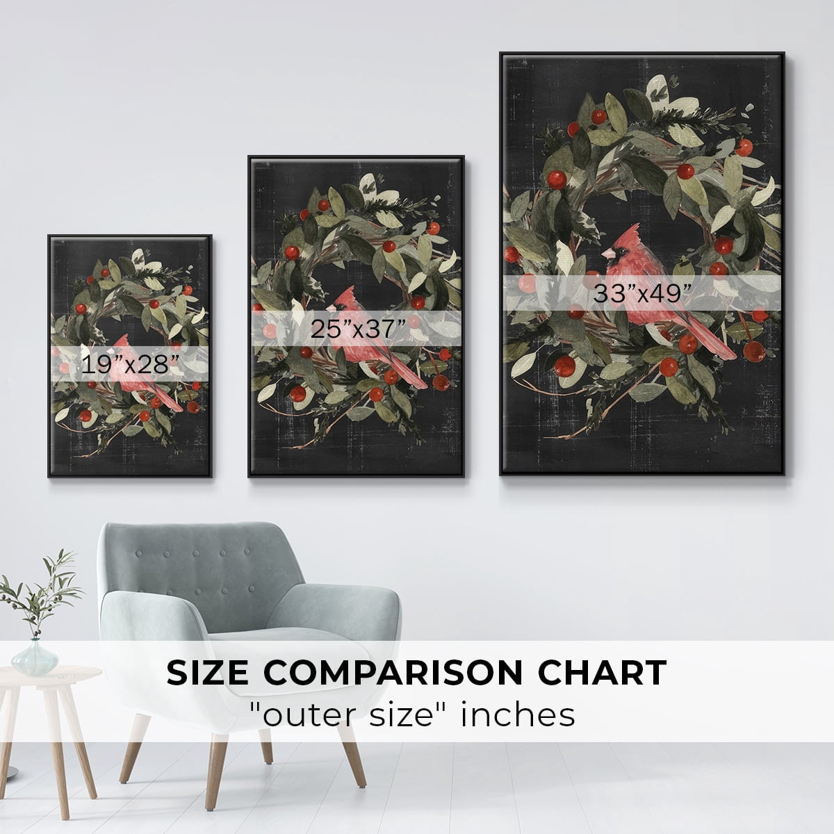 Christmas Cardinal I - Framed Gallery Wrapped Holiday Canvas - 25 x 37 - Black Frame