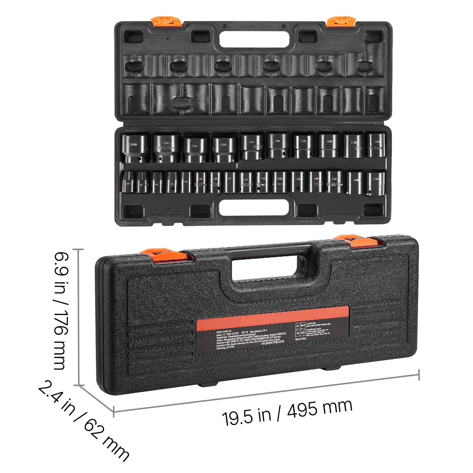 KFFKFF 26-Piece 1/2-Inch Drive Impact Socket Set, 6-Point Shallow Sockets, Durable CR-V Construction, Metric Sizes 10mm-36mm, Includes Storage Case