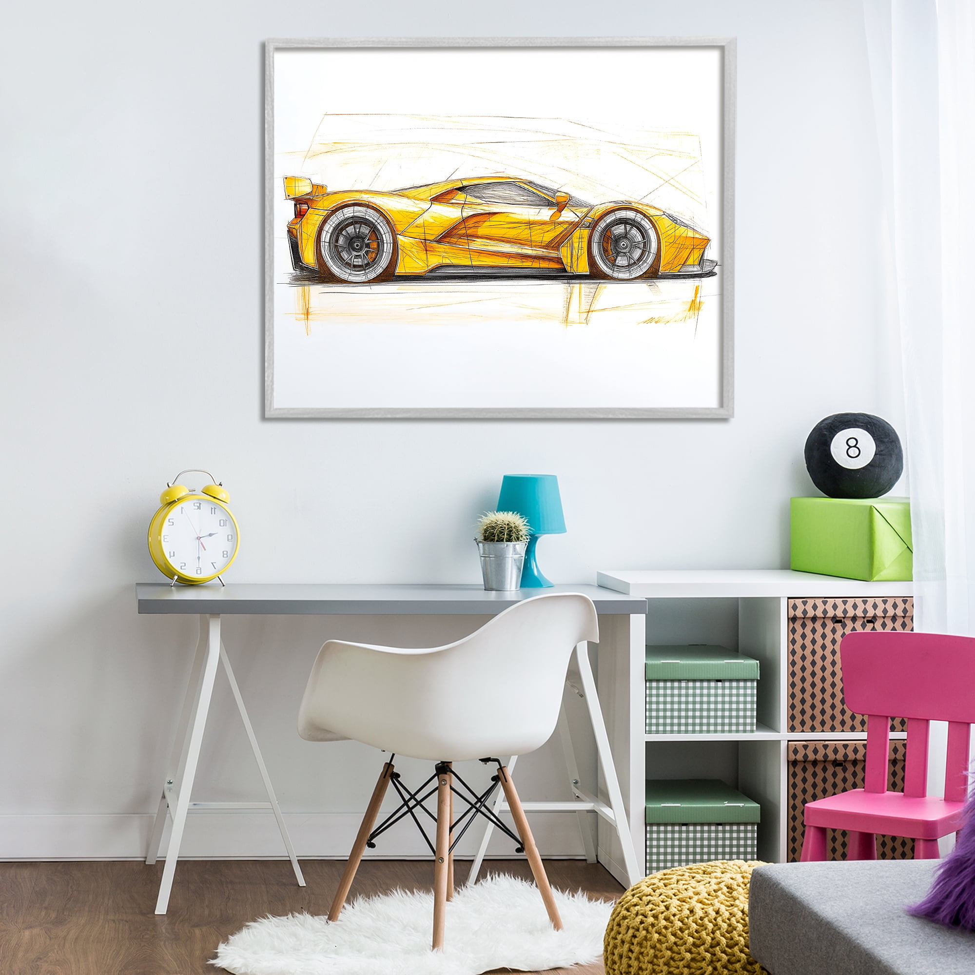 Stupell Industries Yellow Sports Car Whimsicality Gray Framed Giclee Art, design by Steve Hunziker