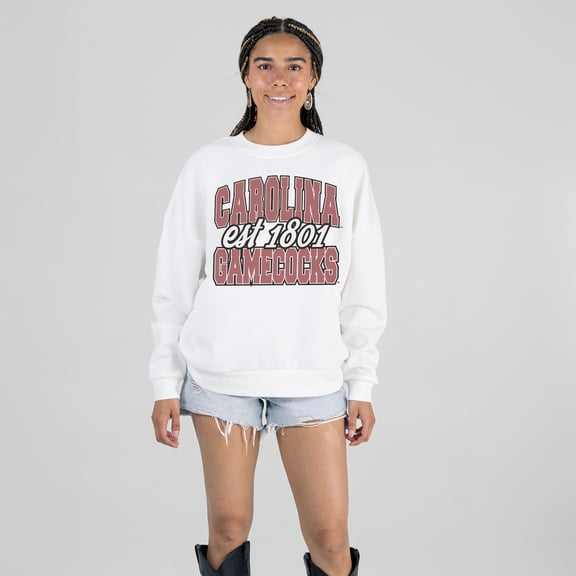 Women's Gameday Couture White South Carolina Gamecocks Oversized Faded Formation Premium Fleece Sweatshirt