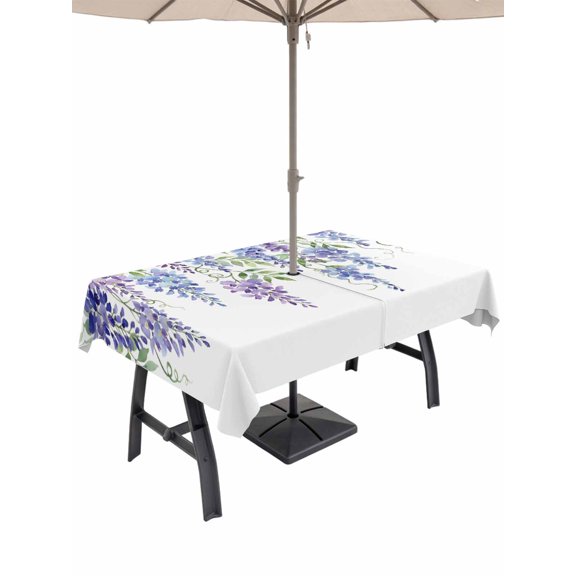 Outdoor Tablecloth with Umbrella Hole for Patio/Picnic/Party/Camping, Purple Weeping Flowers Waterproof Table Cloth Rectangle Table Cover Washable, Spring Floral Elegant Pastoral (52"x 70")