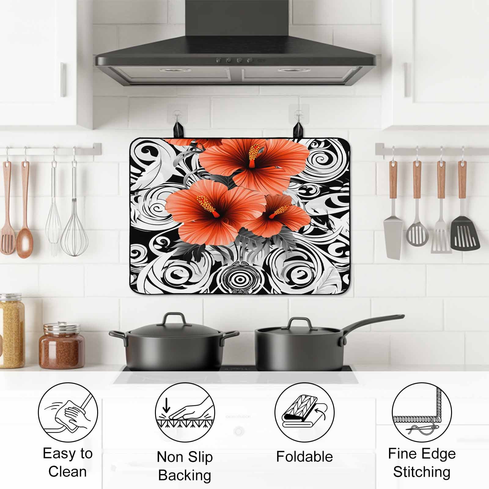 Red Black Spring Floral Stove Top Cover for Electric Stove, Heat-proof & Non Slip Glass Top Stove Cover Protector, Summer Botanical Geometric Kitchen Flat Cooktop Rubber Mat 24x21 Inches
