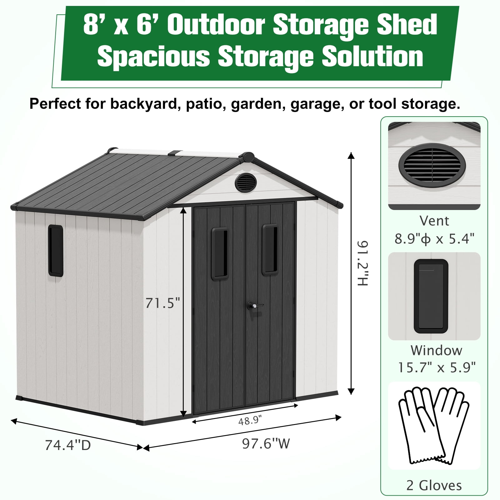 EAGLE PEAK 8x6 Resin Outdoor Storage Shed, Garden Shed with Floor & Lockable Doors, Tool & Equipment Storage, White/Gray