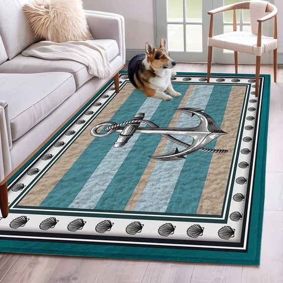Area Rugs for Living Room Bedroom, Blue Beige Anchor 4'x6' Rug Washable Carpet Runner Indoor Outdoor, Nautical Summer Beach Coastal Ocean Non Slip Accent Floor Mats Rug for Kitchen, Office
