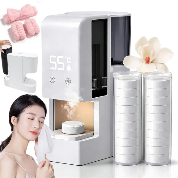 Automatic Hot Towel Dispenser, Hot Face Towel Warmer with Voice Alert - 5s Fast Heating, 55°C Constant Temp, 20 Compressed Towels, Auto-Dispensing, Hot Face Towel Dispenser for Home Spa (White)