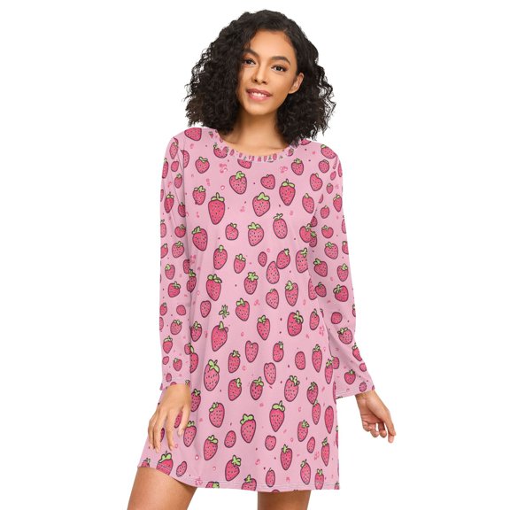 FORMRS Womens Long Sleeve Nightgowns Crew Neck Sleep Shirt Soft Pajamas Sizes S-3XL, Strawberry Bliss