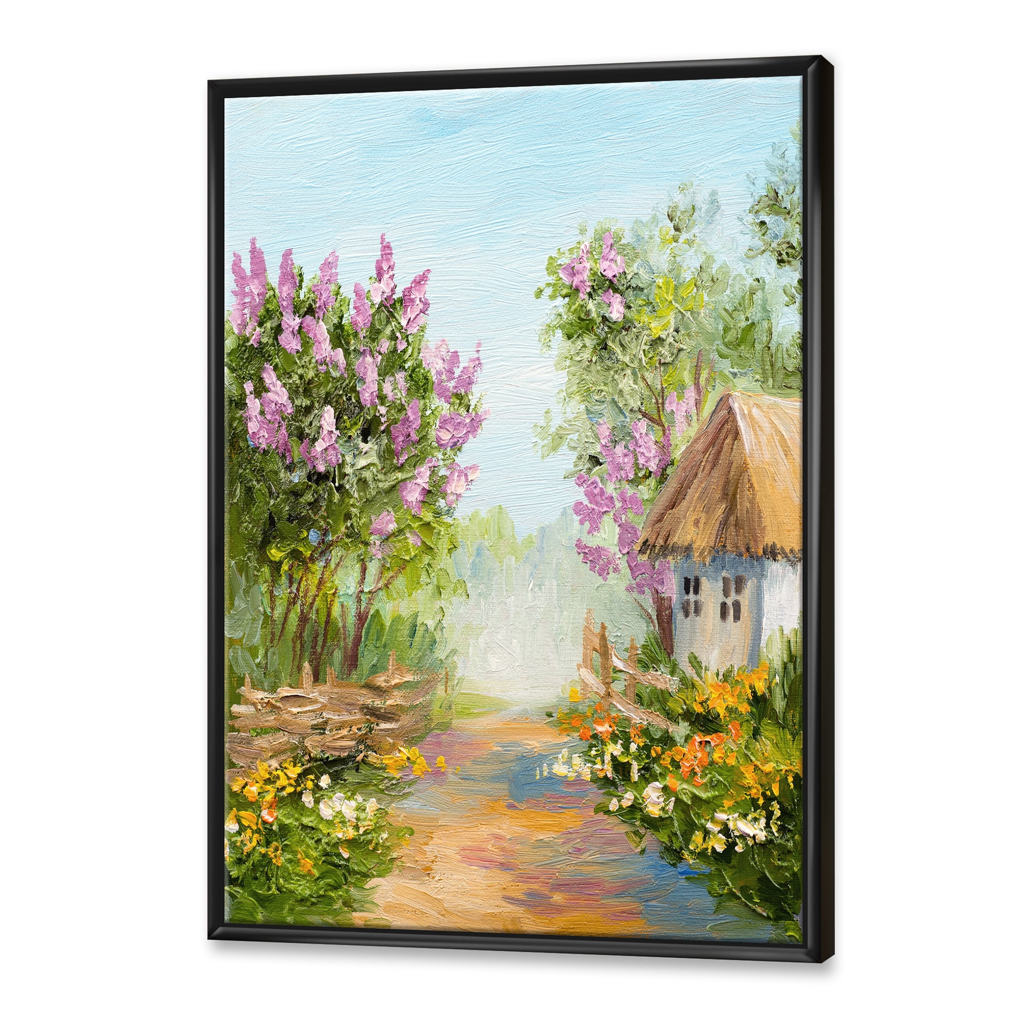 Designart 'Little House In The Blossoming Flowers Forest' Lake House Framed Canvas Wall Art Print