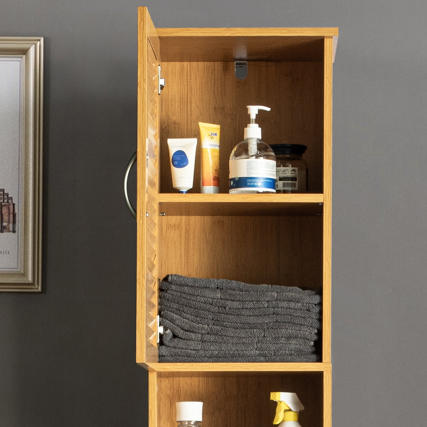 Kadyn Bathroom Slim Linen Tower Storage with 2 Shutter Doors, Floor Cabinet Cupboard Free Standing Organizer for Bathroom, Bathroom Storage Cabinet with Open Shelves, Brown