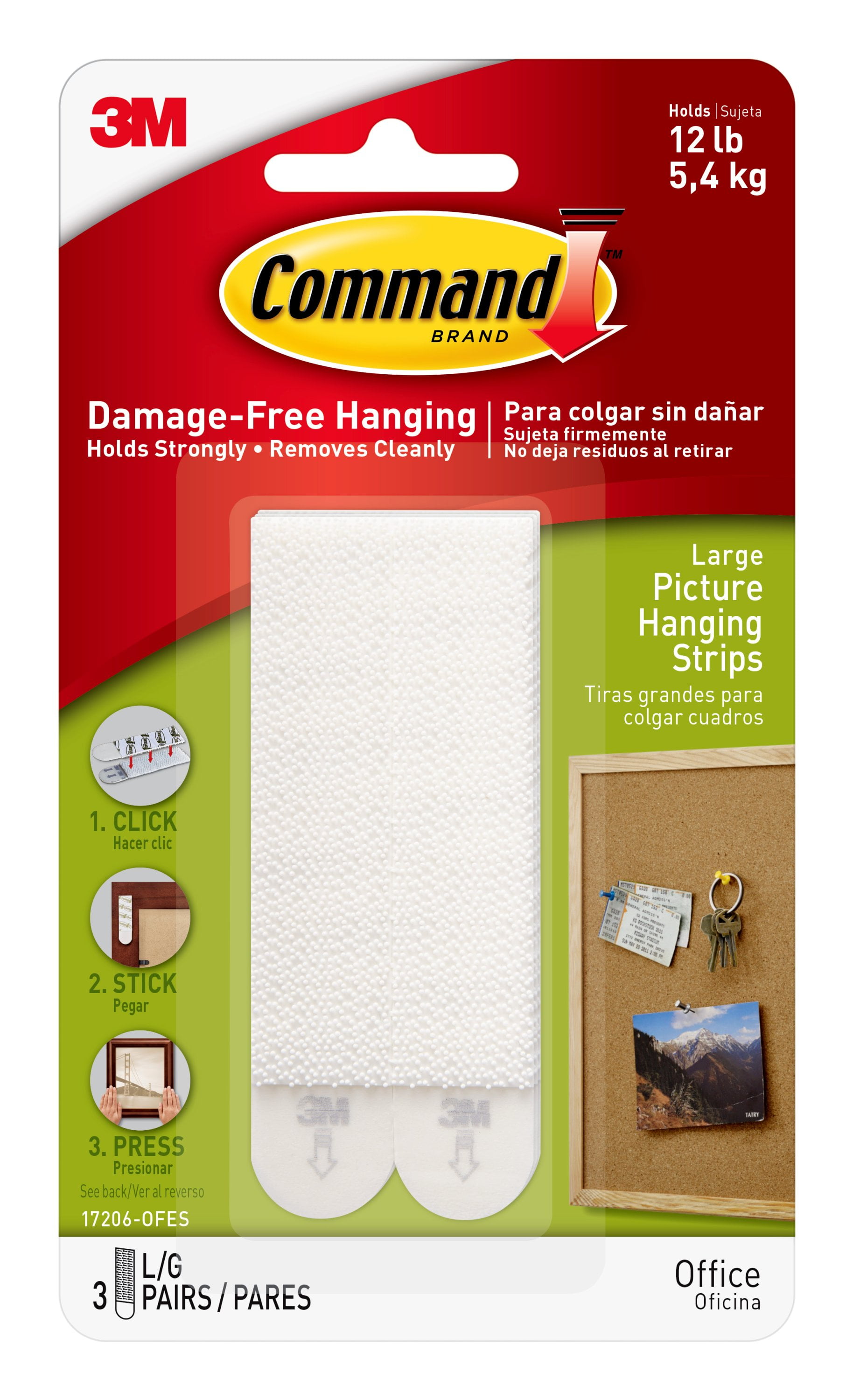 Command Large Picture Hanging Strips, White, 3 Pairs Per Pack Walmart
