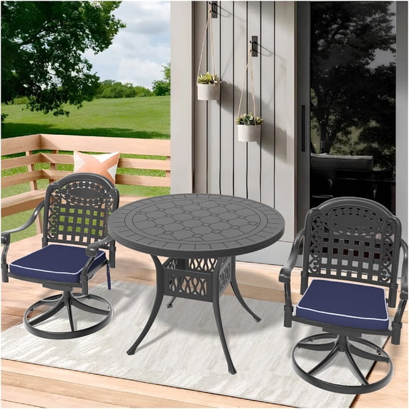 JERFIT 3-Piece Outdoor Patio Dining Set with Swivel Chairs, 40 Inch Round Aluminum Table and Cushions, All-Weather Black