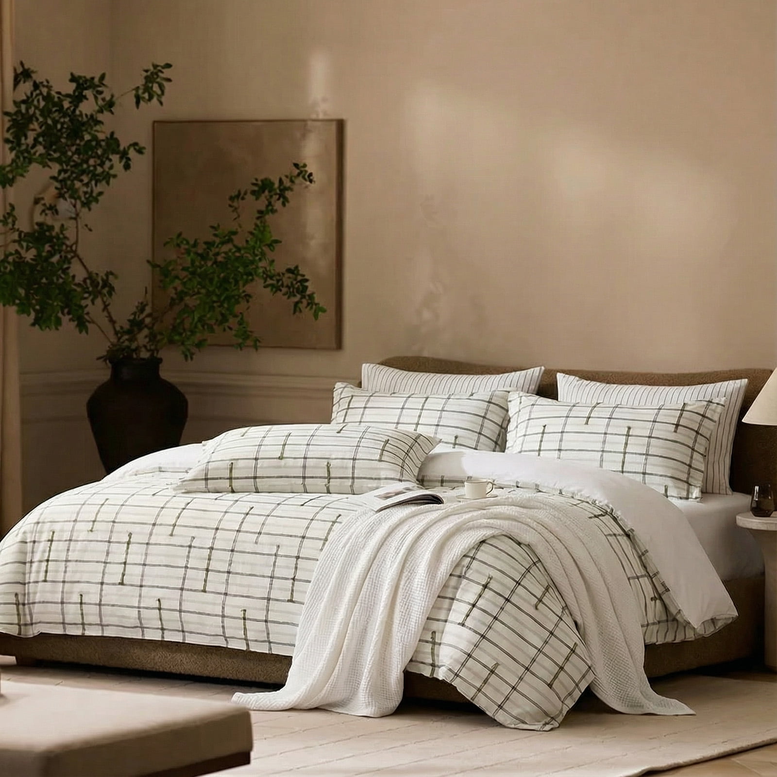 100% Cotton Duvet Cover Set , Neutral Grid Striped Tufted Duvet Cover, Soft Breathable Comforter Cover with Zipper Closure, Modern Minimalist Bedding Set