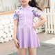 thumbnail image 1 of Traje de baño de una pieza de manga corta para niñas Honeeladyy, traje de baño con protección contra erupciones, falda con cremallera frontal y pantalones cortos, regalo morado para 4 años, 1 of 8