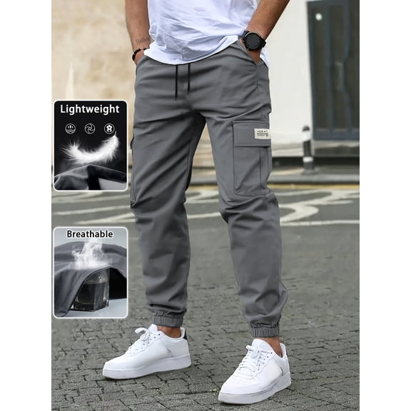 Men's Work Pants, Lightweight Breathable, Drawstring Waist with Flap Pockets, Solid Color Fashionable Versatile Casual Pants, Suitable for Daily Wear, Outdoor Sports Hiking - 1-Piece Set