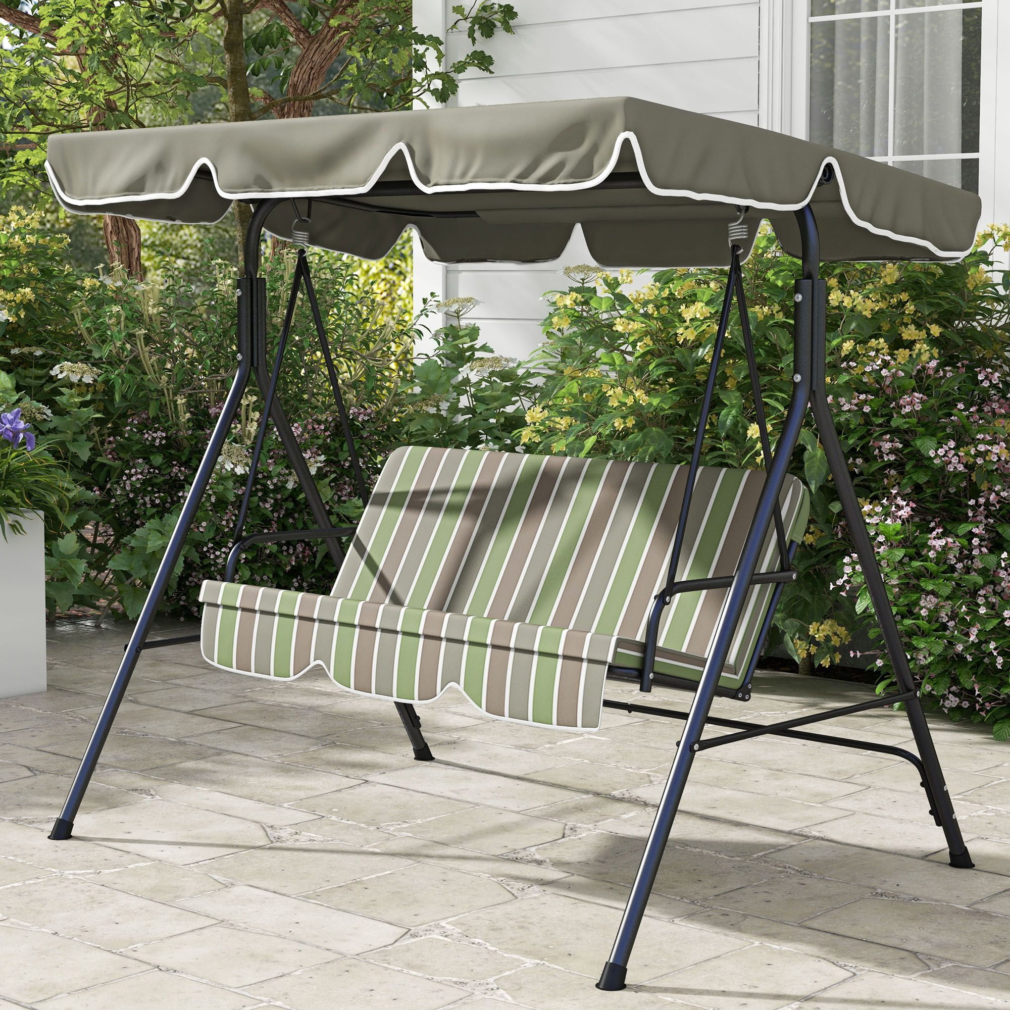 3 Person Outdoor Porch Swing with Stand & Adjustable Tilt Canopy, Cushioned Patio Swing Bench Heavy Duty A-Frame Steel Supports 594lbs for Backyard Poolside Balcony