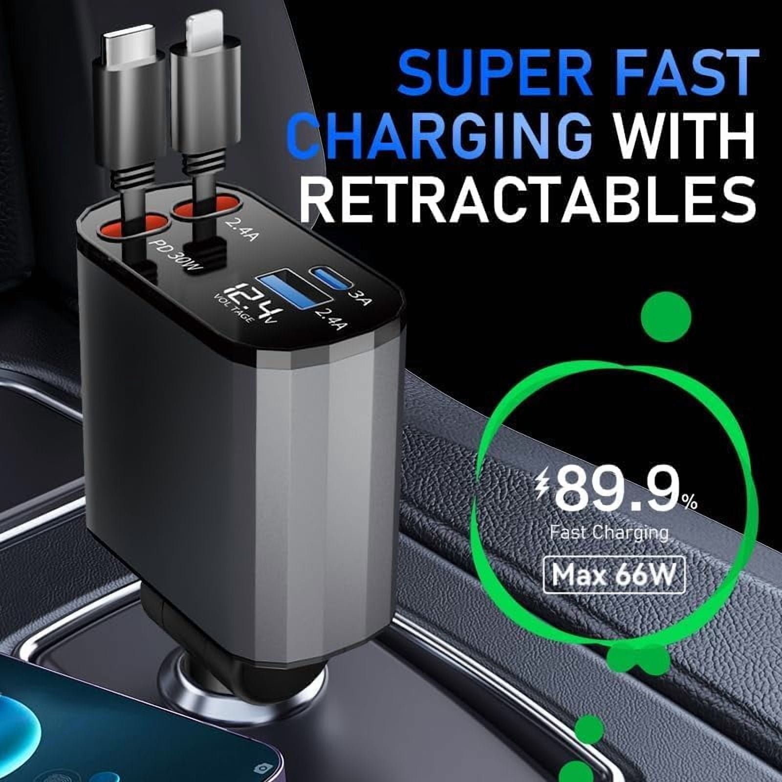 RGHJAR-TICCI Retractable Car Charger [60W USB C with Cables] 4-in-1 Retractable Car Charger Fast Charging for iPhone 16, 15, 14, 13, 12 Series, USB-C, Android