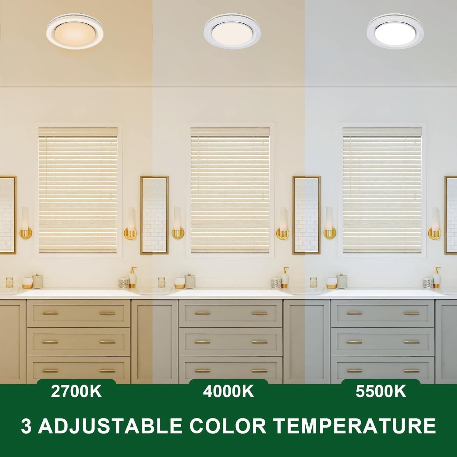 Akicon Bathroom Exhaust Fan with Light, 90 CFM, 1.5 Sones, 15W Dimmable 3CCT LED Light with 5W Night Light Bathroom Ventilation Fan for Ceiling for Home, Round, Silver