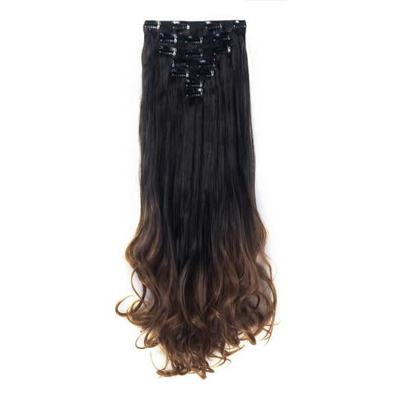 SAYFUT 24" Long Curly Wavy Full Head Clip in Synthetic Hair Extensions Double Weft 7 Pieces 16 Clips 160g Dark Brown to Giner Brwon
