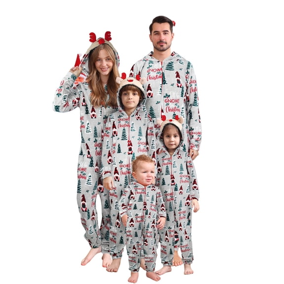 Onlypjs Family Matching Christmas Pajamas – "Gnome for Christmas" Grey Hooded One-Piece Holiday Sleepwear for Women, Men, Couples