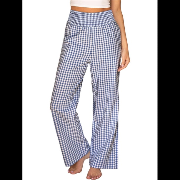 Pantalones Palazzo de Cuadros para Mujer, Pantalones de Pijama de Cintura Alta y Pierna , Pantalones Casuales Bonitos con Bolsillos Azul L