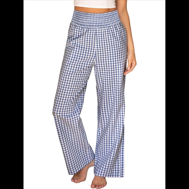 Pantalones Palazzo de Cuadros para Mujer, Pantalones de Pijama de Cintura Alta y Pierna , Pantalones Casuales Bonitos con Bolsillos Azul L