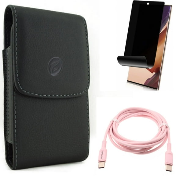Pink 6ft Long Cable & Case Belt Clip & Privacy Screen Protector for Samsung Galaxy Note 20 Ultra (6.9") - Combo with USB-C to Type-C PD Fast Charger & Leather Holster & TPU Film Anti-Peep