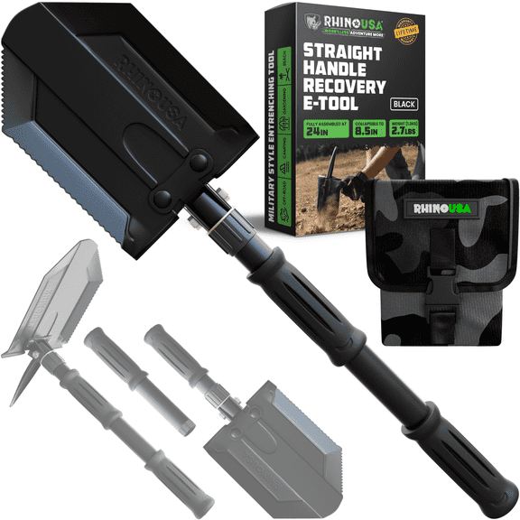 Rhino USA Survival Shovel w/ Pick - Heavy Duty Carbon Steel Military Style (Recovery Shovel)
