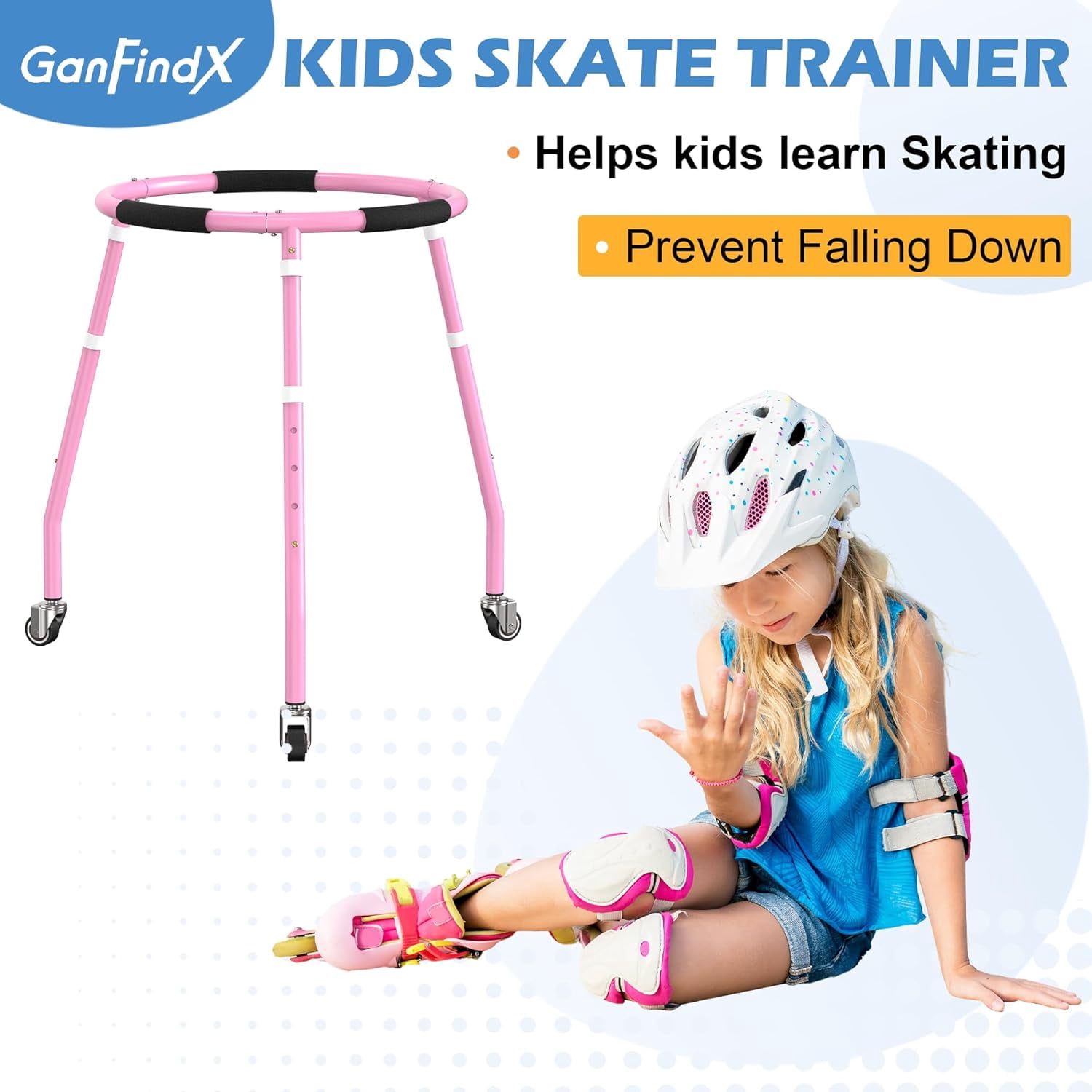 GanFindX Adjustable Skater Aid for Kids, Toddler Roller Skate Trainer with 3 Silent Wheels, Metal Frame, Height 70-85cm, Outdoor Skating Walker,Pink