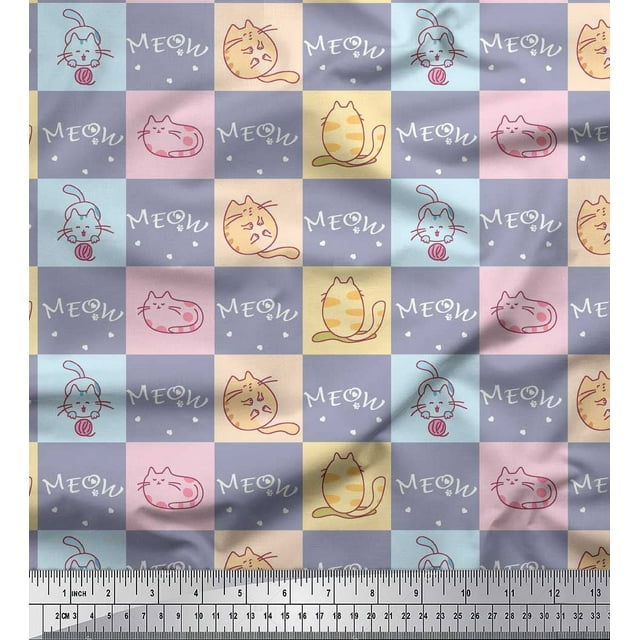Soimoi Gray polyester Crepe Fabric Text & Cat Animal Print Fabric by Yard 52 Inch Wide