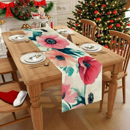 

1pc Linen Watercolor floral pattern anemones and poppies in shades of red pink teal Party Decoration Gift Holiday Decorations Room Decor Scene Decor Dustproof & Wipe Clean Table Runner
