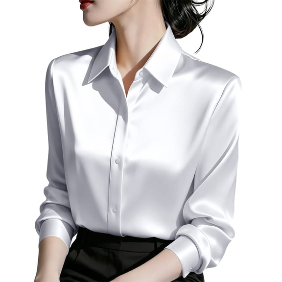 hotojiny Womens Dress Shirts Long Sleeve Button down Shirt Satin Silk Business Collared Elegant Blouse Office Work Tops