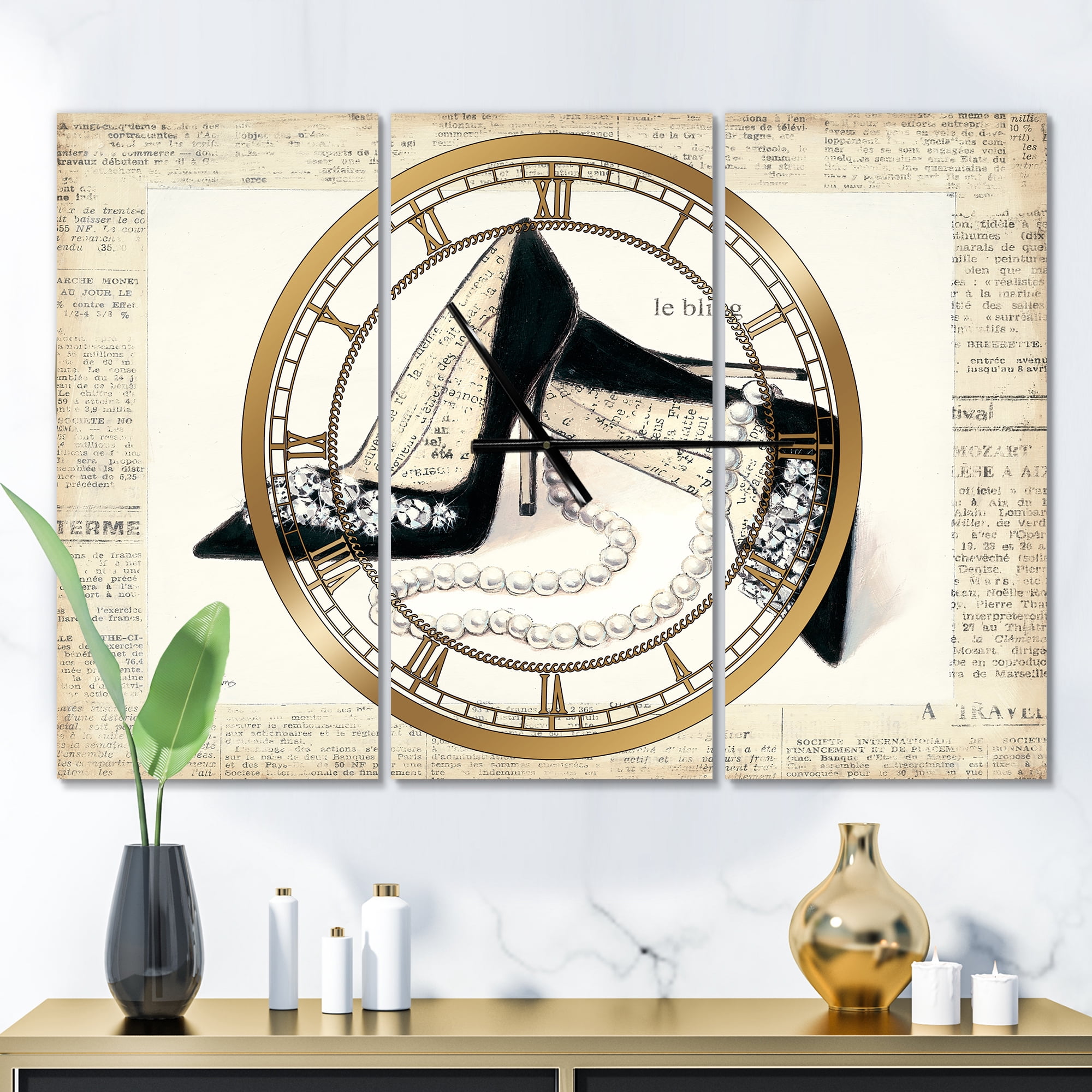 Chic Galm Closet I' Glam 3 Panels Oversized Metal Clock - 36 in. wide x 28 in. high - 3 panels