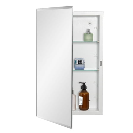 Bathroom Medicine Cabinet with Beveled Edge Mirrored Door 15 x 24 inch, Recessed or Surface Mount, with Adjustable Glass shelves