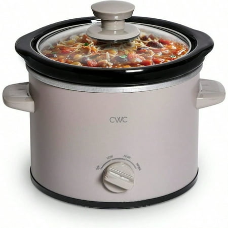 2QT Mini Electric Round Slow Cooker Adjustable Settings Removable Stoneware Pot Tempered Glass Lid Dishwasher Safe CoolTouch Side Handles Greige