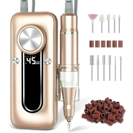Nail Drill Electric Nail File Kit 45000 RPM Professional Efile Nail Set,Cordless Portable Rechargeable Acrylic Gel Nail Polish Remover Machine Pedicure Manicure Tool with for Salon Home Gold
